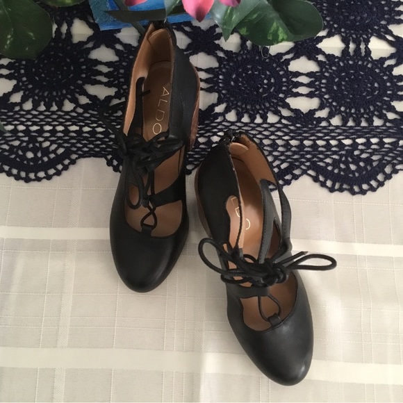 HP-ALDO BLACK LEATHER TIE LACE 4” BLOCK SQUARE HEEL SHOES/ NEW CONDITION /SIZE 6 - Picture 10 of 12